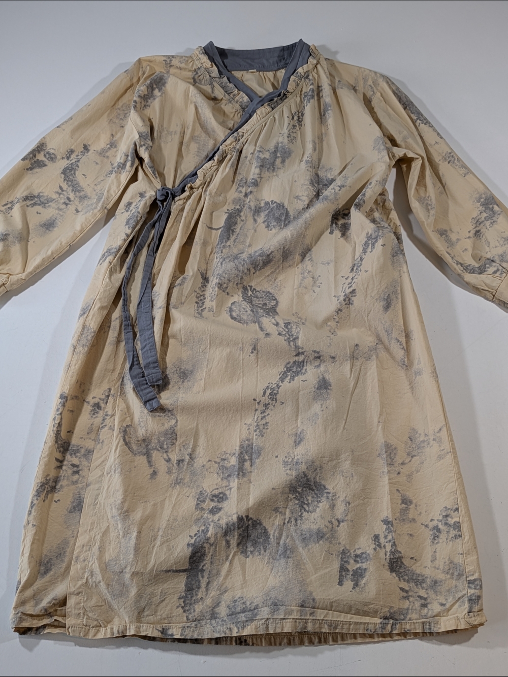 Lightweight Cotton Ruffle Robe Beige & Slate Blue Pattern Tie Front Large - Picture 6 of 15